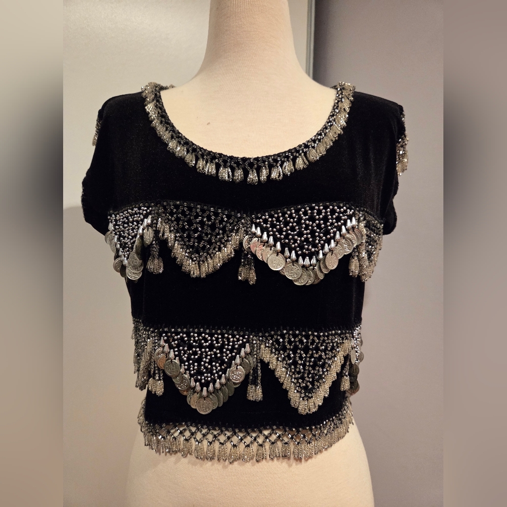 Elegant Black and Silver Embellished Women's Belly Dance Top